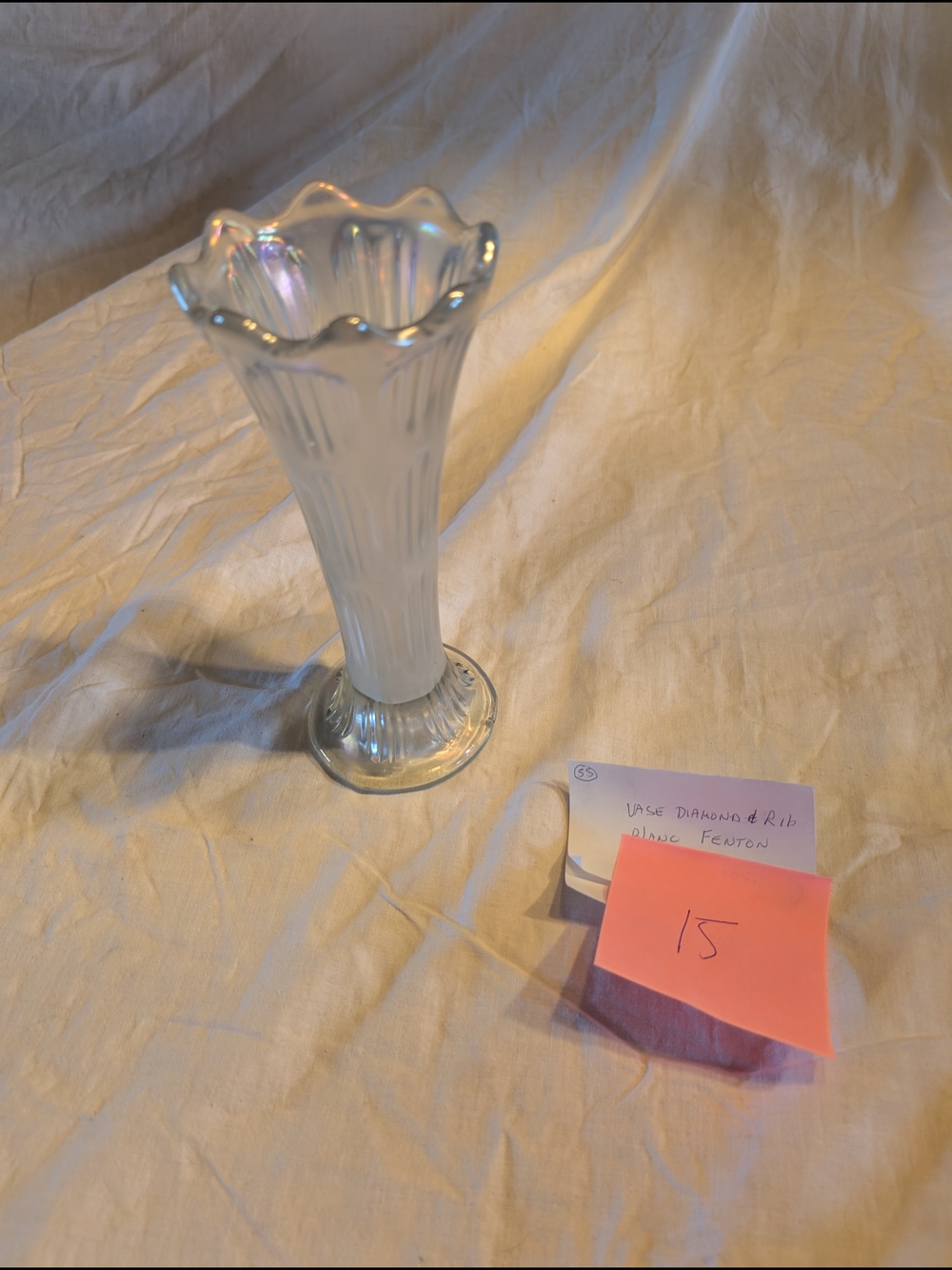 2/70$ Fenton Iridescent White Ribbed Trumpet Vase